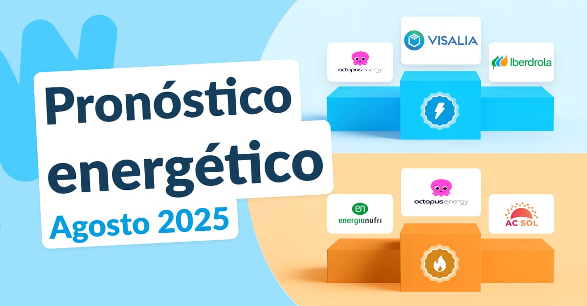 imagen de dos podiums uno de luz, en primer lugar con visalia, seguida de octopus energy e iberdrola; y otro de gas con octopus energy a la cabeza seguido de energia nufri y acsol