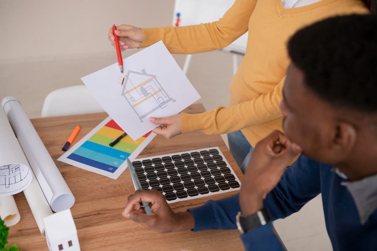 Personas revisando plano de vivienda con panel solar y certificado energético.