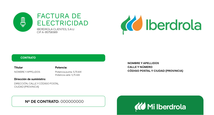 Factura de luz de Iberdrola con datos y número de contrato