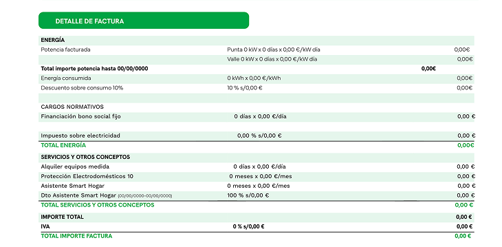 Detalle de factura de Iberdrola con datos de energía e importe total