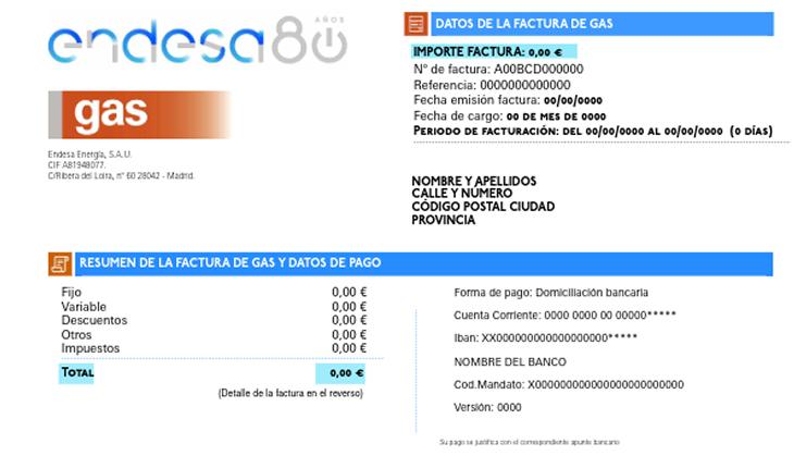 Factura de gas de Endesa con importe, datos del cliente y resumen de cobros.