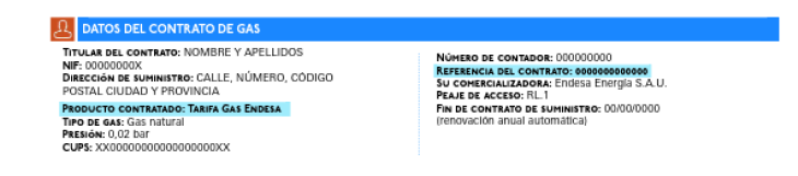 Sección de factura de gas de Endesa con los datos del contrato.
