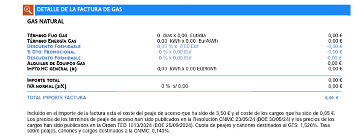 Detalle de factura de gas de Endesa con términos, descuentos y total final del importa a pagar.