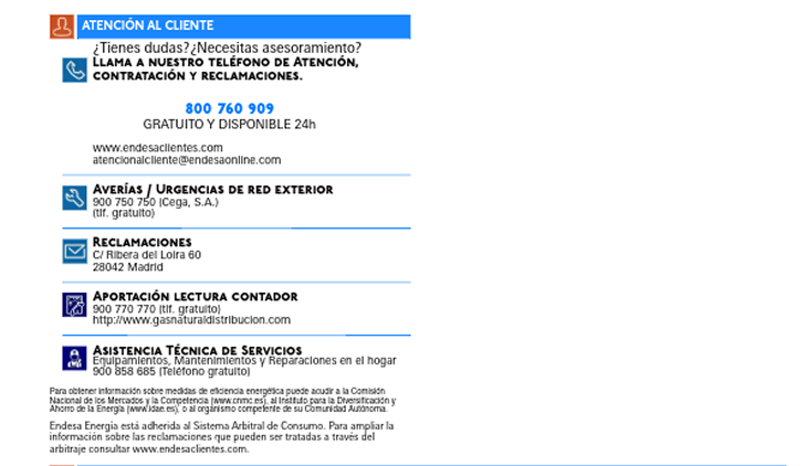 Contacto de atención al cliente de Endesa con teléfonos, correos y servicios disponibles.