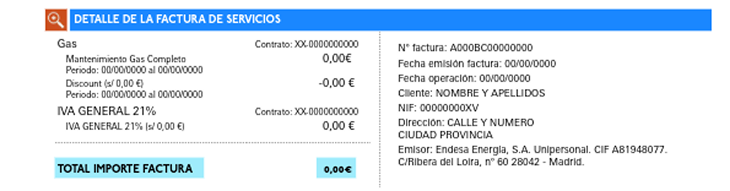 Detalle de factura de servicios de gas con importes y datos básicos del cliente.