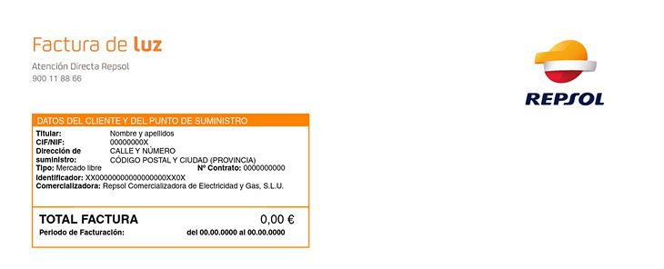 Imagen de la factura de la luz de repsol donde se presentan los datos del cliente y del punto de suministro