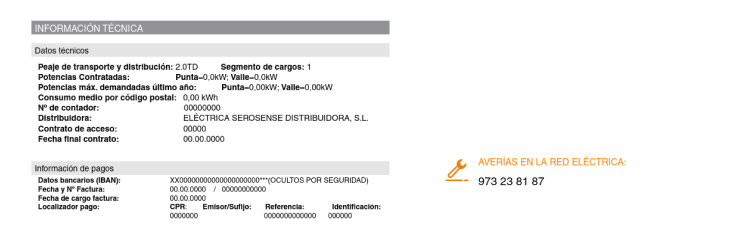 Imagen de la factura de luz de repsol, en esta sección se puede obserla la información técnicas como los datos técnicos y la información de pagos, así como el número de averías en la red eléctrica