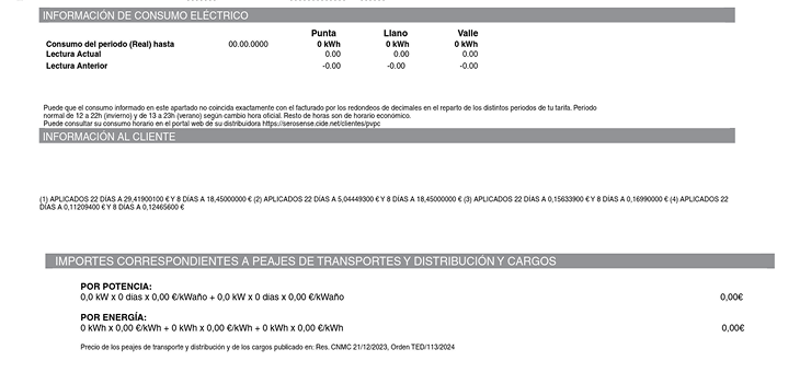 Imagen de la factura de la luz de repsol, en esta parte podemos ver la información del consumo eléctrico y los importes correspondientes a pejaes de transportes y distribución y cargos