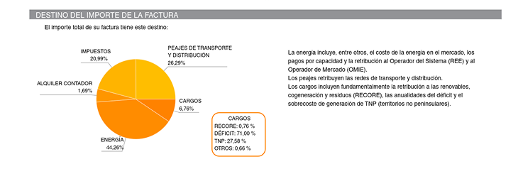 Imagen de la factura de luz de Repsol, en esta parte podemos ver el destino del importe de la factura