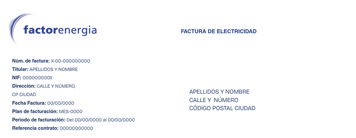 Imagen de la factura de electricidad de factorenergia, en esta primera parte podemos ver los datos principales de la factura
