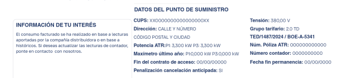 Imagen de la factura de electricidad de factorenergia, aquí observamos información de tu interés y los datos del punto de suministro