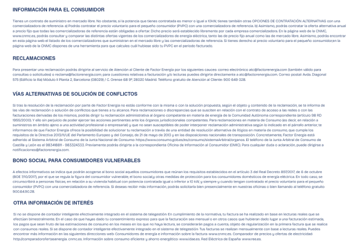 Imagen de la factura de electricidad de factorenergia, aqui se advierten diferentes datos de interés para el consumidor