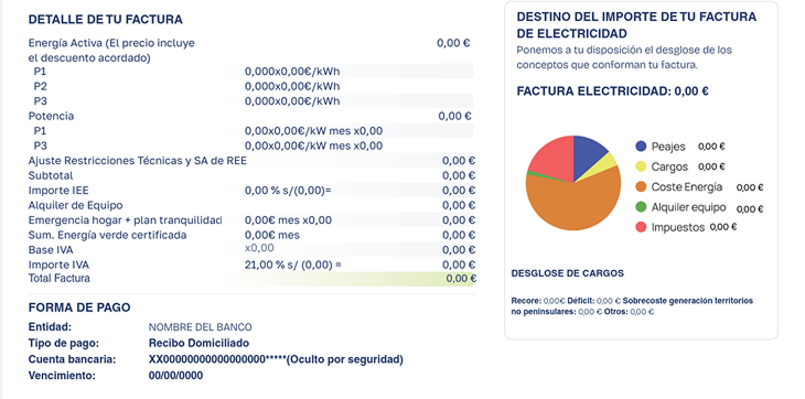 Imagen de la factura de electricidad de factorenergía, donde se ve el detalle de factura, la forma de pago y el destino del importe de la factura