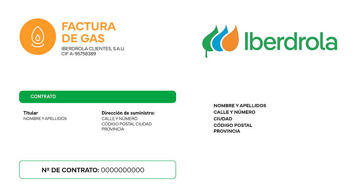 Sección contrato factura gas Iberdrola: titular del contrato, dirección de suministro, número de contrato y código postal