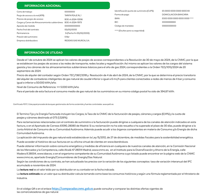 Información adicional factura gas Iberdrola: datos del contrato, CUPS, peaje de acceso, forma de pago, IBAN y empresa distribuidora