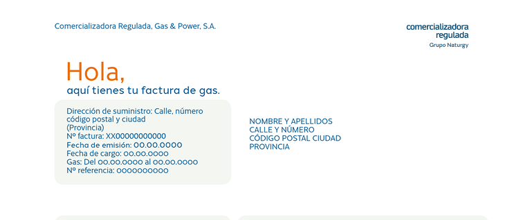 Resumen inicial de factura de Gas & Power con saludo, dirección y datos del contrato de gas