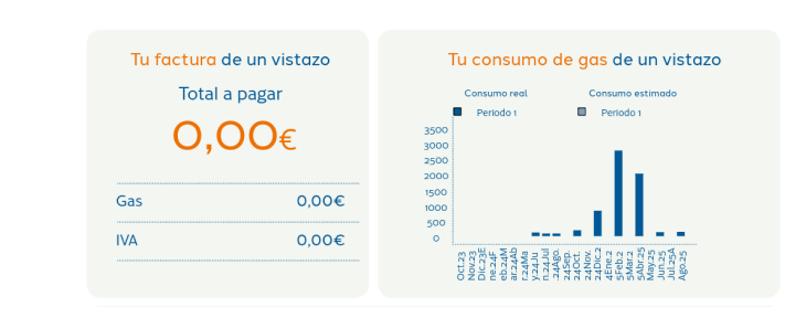  Importe total e IVA y gráfico de consumo de gas de Gas & Power