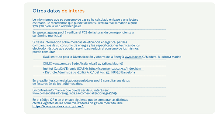 Otros datos de interés y enlaces informativos en factura de Gas & Power