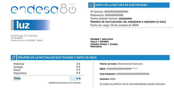 Resumen factura electricidad Endesa: número de factura, período de facturación, fecha de emisión, importe potencia, energía, otros conceptos e impuestos