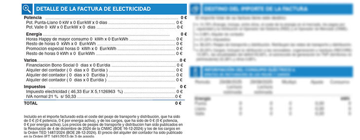 Detalle factura electricidad Endesa: potencia punta-llano, energía consumida por períodos, financiación bono social, alquiler contador, impuesto eléctrico e IVA 21 %