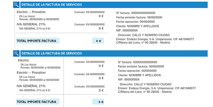 Detalle factura servicios Endesa: Electric Proration, Ok Luz Assist, IVA general 21% e importe total de servicios adicionales contratados