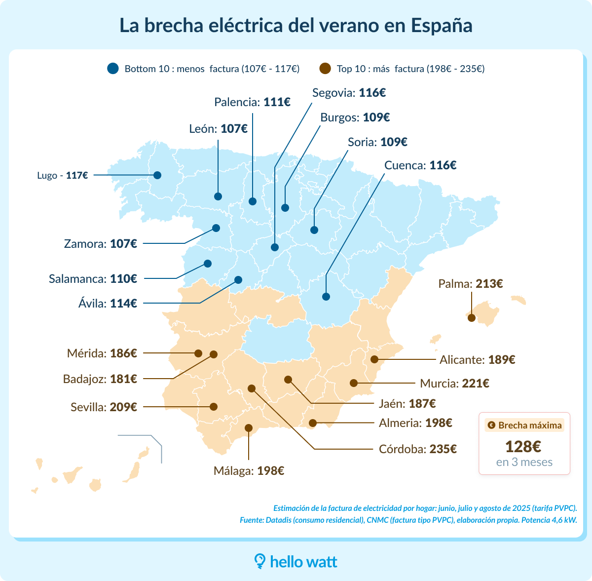 imagen de un mapa de españa señalando las ciudades más caras de luz y las menos